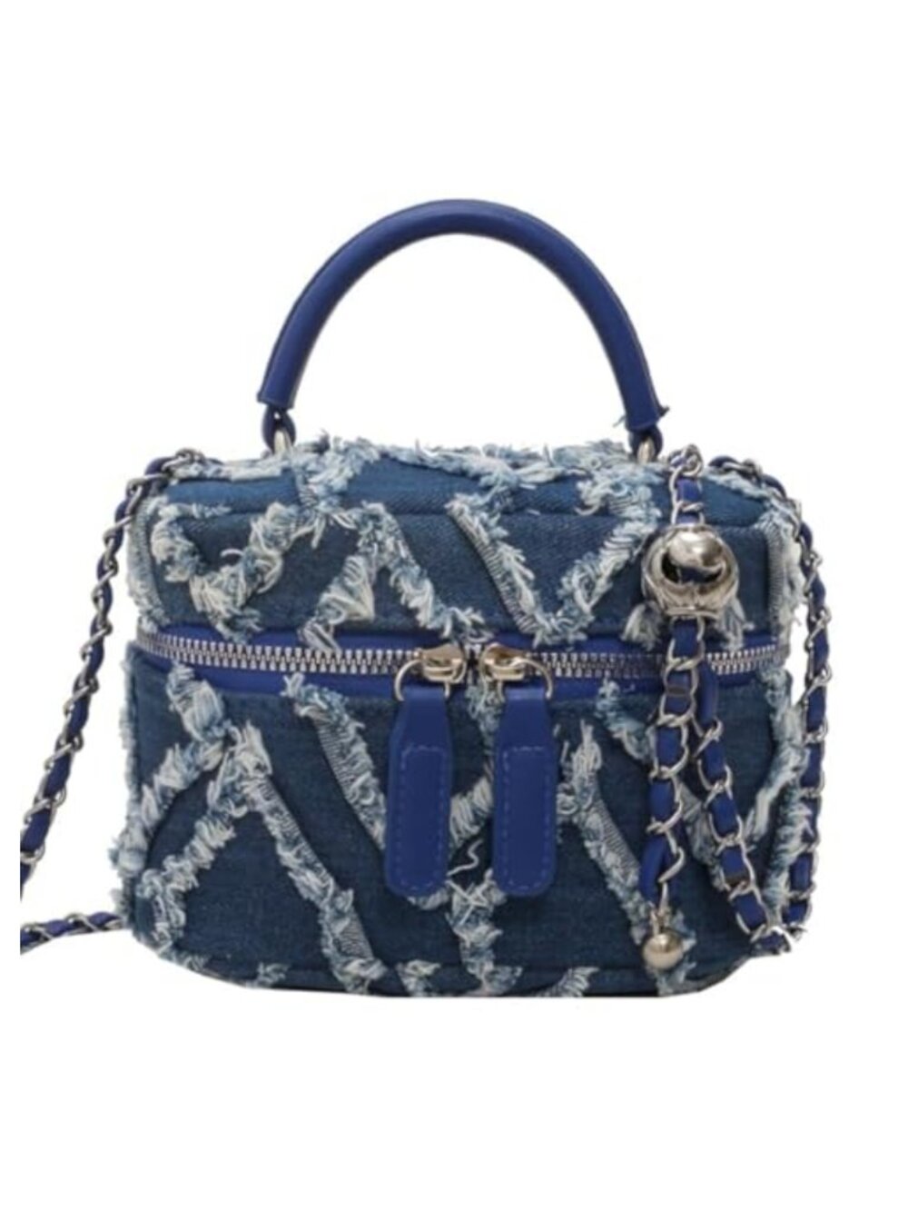 Distressed Denim Quilted Bucket Bag Mini Crossbody with Chain Strap
